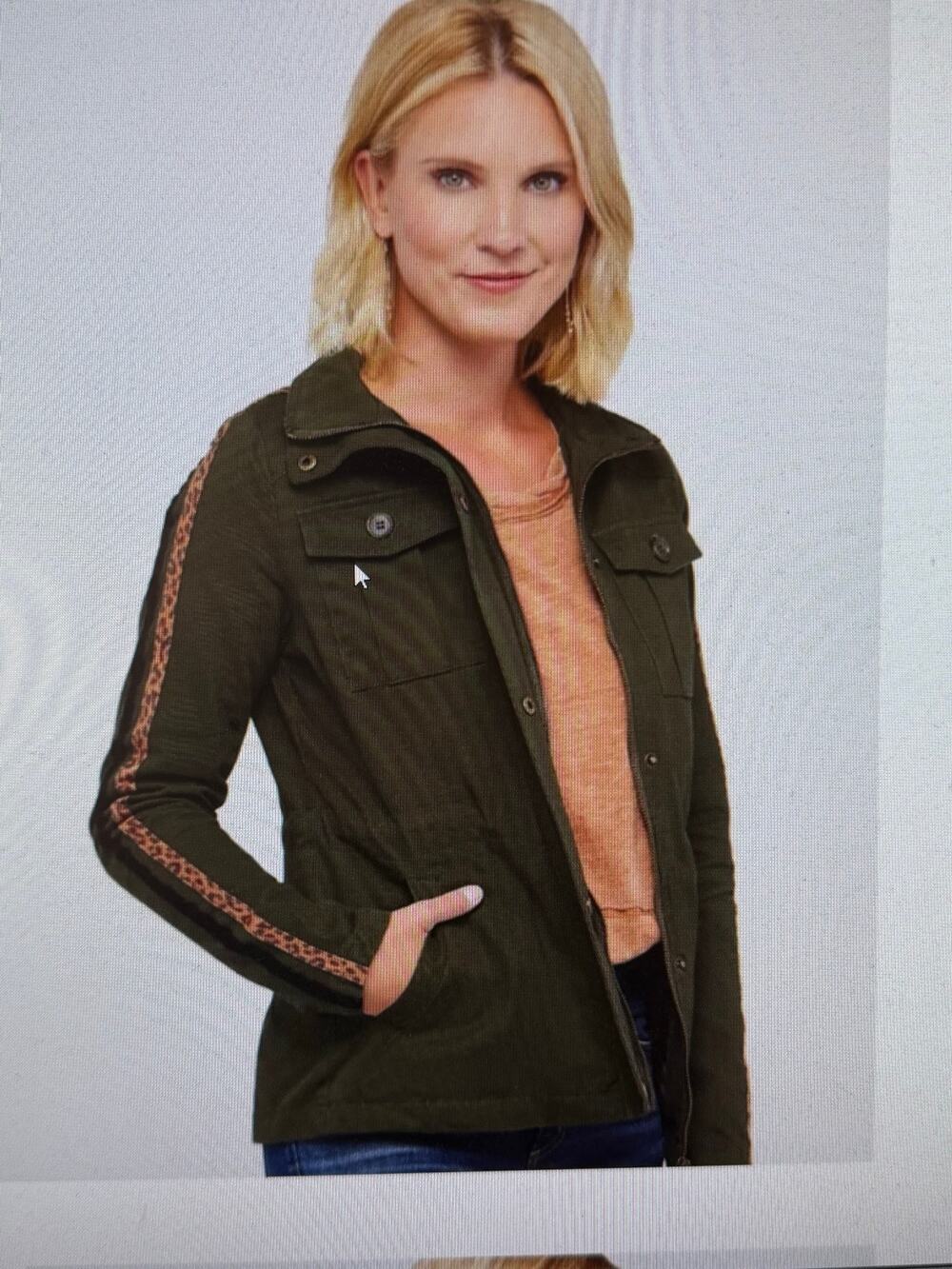 Women's Peyton Jensen Utility Olive Geen Leopard Velvet Stripe Jacket Coat Sz M